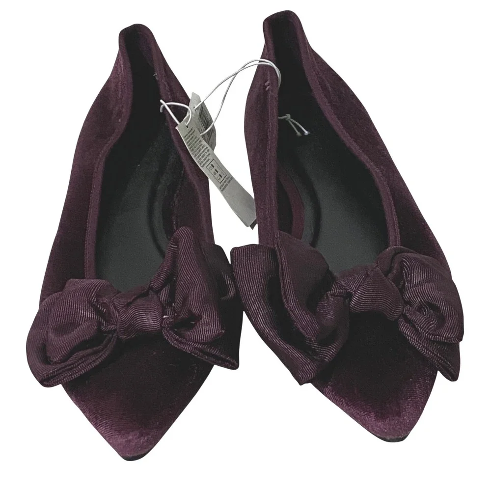 Old Navy Women Velvet Pointy Toe Flats Raisin Arizona Purple Bow Sz 8.5 Coquette